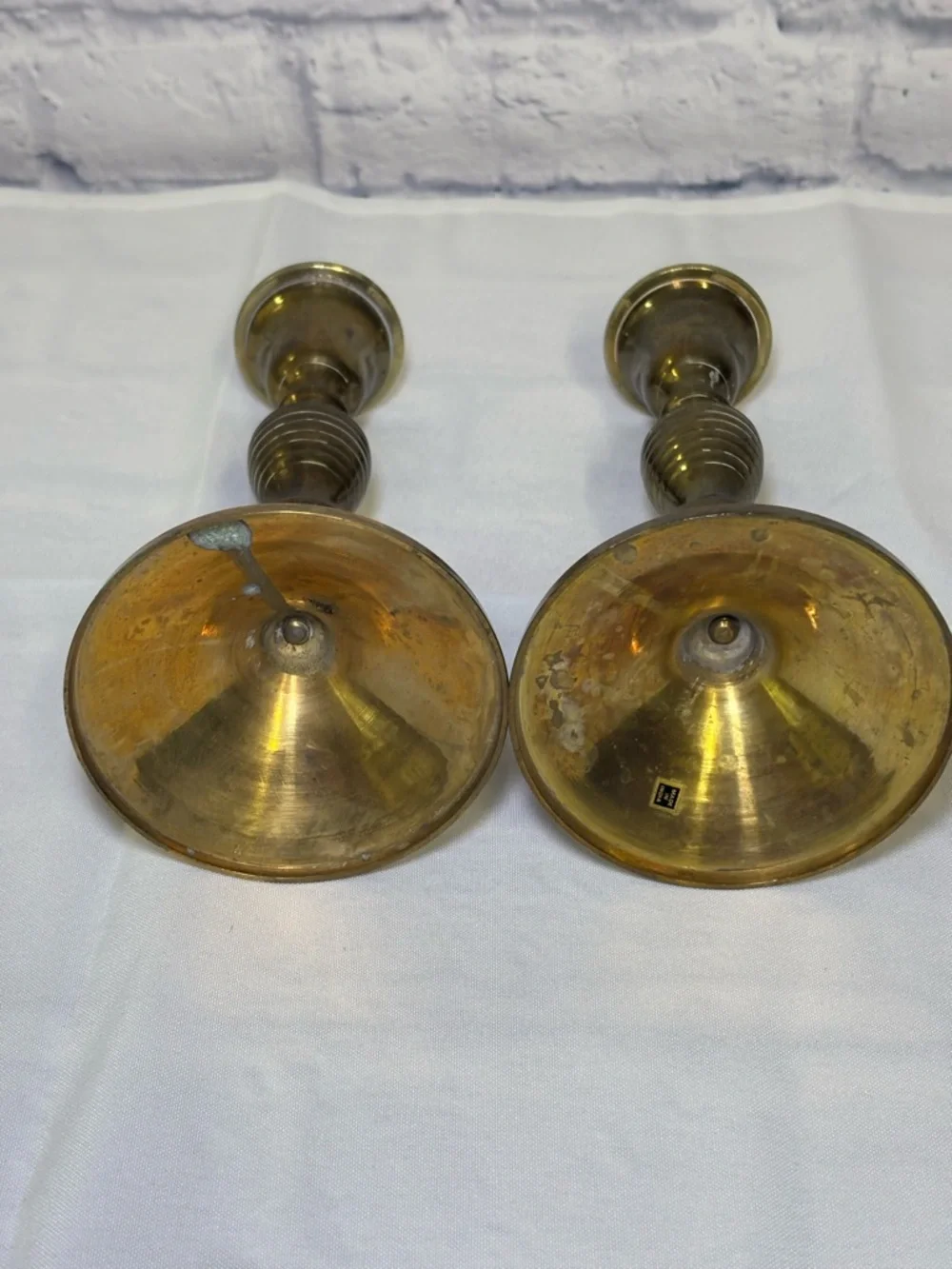 Vintage Pair Brass Candle Stick Holder 8.75 in Tall Made In India Patina